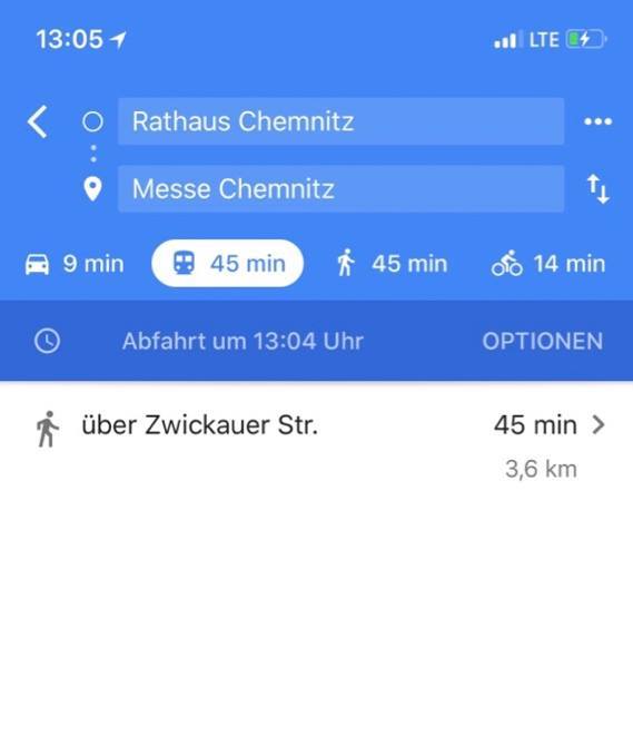 'Beispiel: Empfehlung für Fußweg oder Auto�vom Rathaus zur Messe Chemnitz,